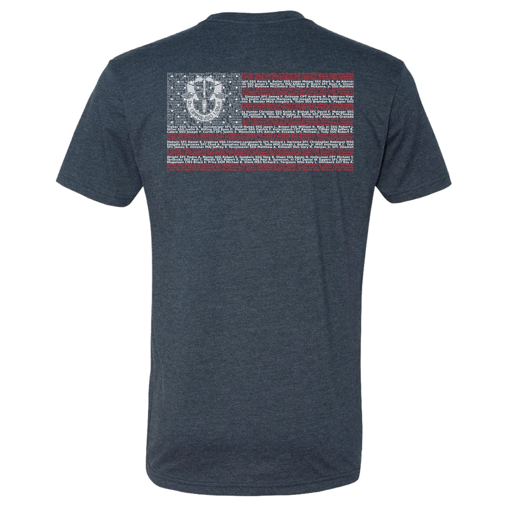 9/11 25th Anniversary Memorial Shirt back — American flag built from the names of fallen Green Berets