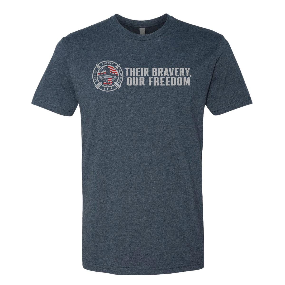 9/11 25th Anniversary Memorial Shirt front — Special Forces Foundation 25th crest with Their Bravery, Our Freedom on heather navy tee